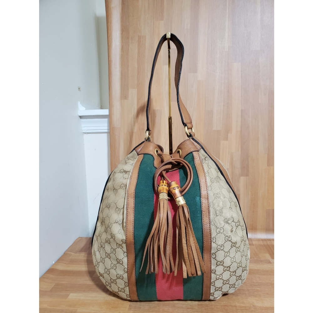 GUCCI Monogram Web Rania Drawstring Shoulder Bag Sand - Picture 1 of 12